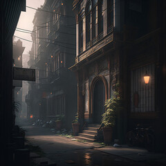a cityscape of a small alley with some old buildings along the street Generative Ai