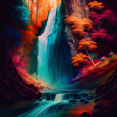 Fototapeta na wymiar colorful beautiful illustration painting of a waterfall in autumn Generative Ai