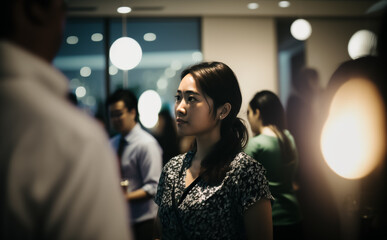 Obraz premium Woman of Asian descent, attending an Office or Workplace Celebration after working hours. Shallow field of view, Illustrative Generative AI. Not a real person.