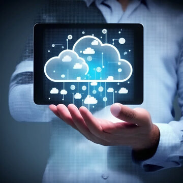 Hand of businessman showing cloud computing on tablet, Computer system resources and data storage, Cloud service technologies concept. Generative AI