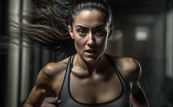 Fitness portrait of a young Woman during a hard Workout at a Gym or fitness center. Shallow field of view, illustrative Generative AI. Not a real person. 