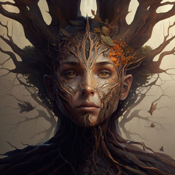 nature goddess concept art fantasy character with her face covered in tree branches Generative Ai