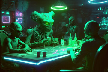 Fototapeta na wymiar Weird aliens sitting at a table playing poker or cards in a neon lit bar. Generative AI.
