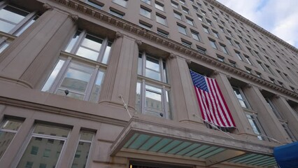 The Department of Veterans Affairs Building located at 810 Vermont Avenue NW in downtown Washington, DC. Tilt-down shot from facade to entrance awning.