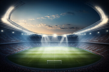 Fototapeta na wymiar Football stadium rendering soccer stadium with crowded field arena, Generative AI