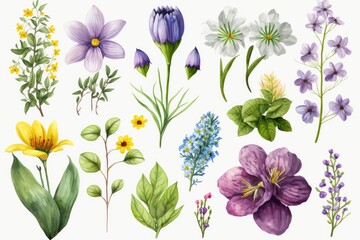set of flowers isolated on white