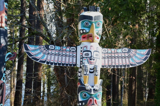 The iconic totem poles in Stanley Park in Vancouver BC, Canada.