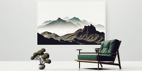 relaxing mind abstract double exposure, calm green nature earth with chair interior, generative ai, mountains trees copy space