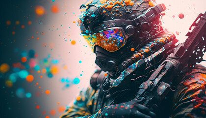 A tactical suit, colorful paint and smoke bombs for a war game. Generative A