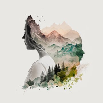 relaxing mind abstract double exposure, calm green nature earth with human , generative ai, mountains trees copy space