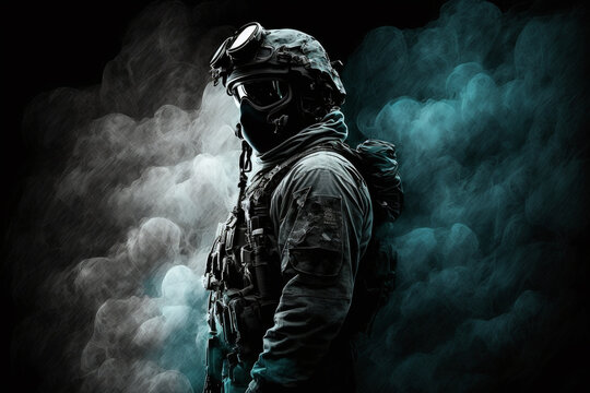 A tactical suit, colorful paint and smoke bombs for a war game. Generative A