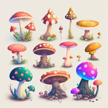set of mushrooms, cartoon minimalist illustration, creative fantasy exotic magical world, isolated white background, generative ai