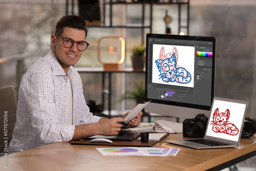 Poster animator at workplace. modern computers with illustrations