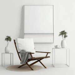Blank empty frame for mockup, product display space for poster, white wooden chair in front of wall, clean minimalist interior, generative ai