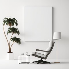Blank empty frame for mockup, product display space for poster, white wooden chair in front of wall, clean minimalist interior, generative ai