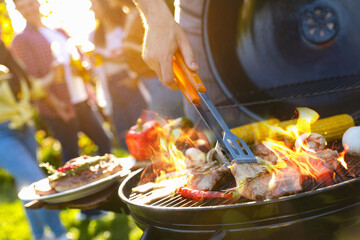 Group of friends having barbecue party outdoors, closeup
