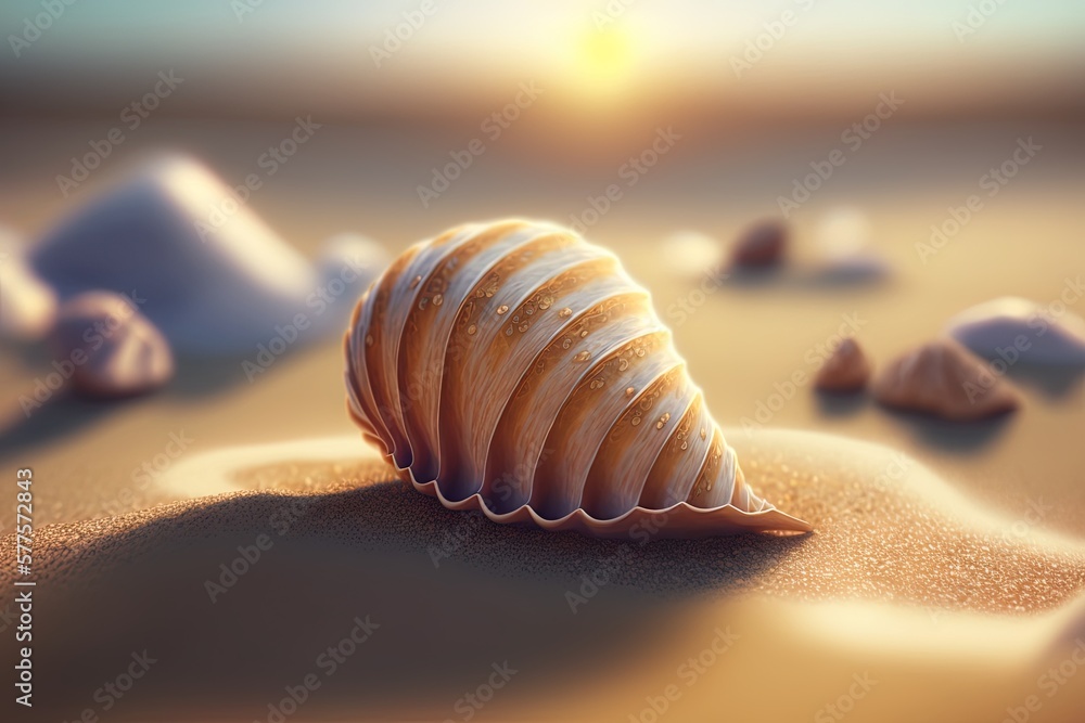 Poster An up-close image of a seashell on a sunny beach Generative AI