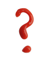 Question mark drawn by ketchup on white background