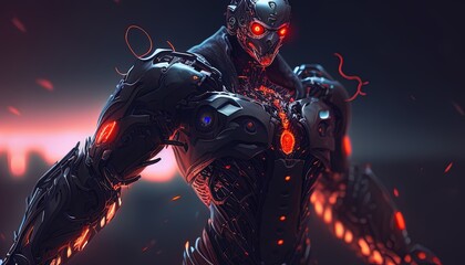 cyborg red neon light digital art illustration, Generative AI