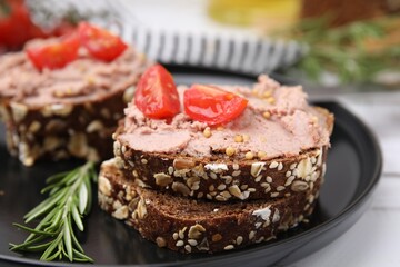 Delicious liverwurst sandwiches served on white table, closeup