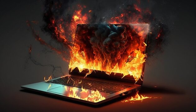 Burning Laptop Illustration. IT Emergency, Putting Out a Fire, Computer Disaster, Technology Services, Break the Internet, On Fire Concept. 