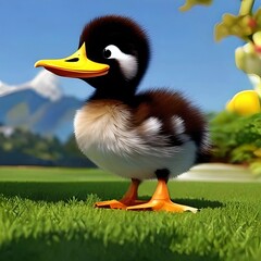 A beautiful baby duck walks through the field on a beautiful sunny day. generated Ai