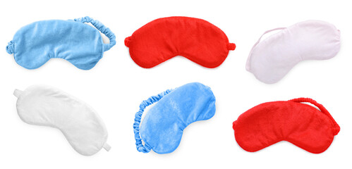 Set of soft sleep masks on white background, top view