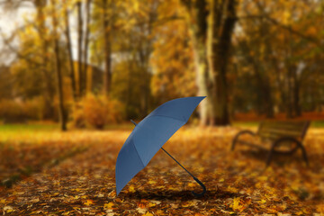 Autumn atmosphere. Dark blue umbrella left by someone in beautiful park. Golden autumn leaves...