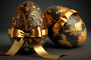Easter Eggs With Golden Ribbon, Golden Ribbon Wrapped Around Easter Eggs, Generative Ai