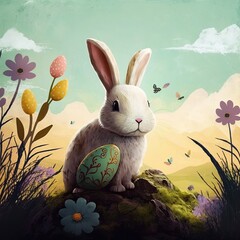 Easter bunny in a beautiful spring landscape, blue sky and clouds, chocolate easter eggs, flowers and butterflies, 