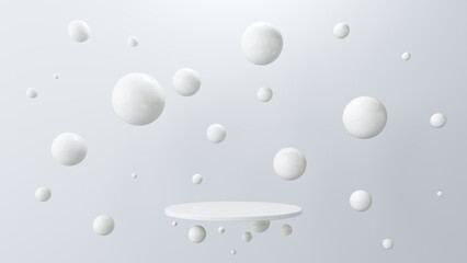circle display podium, bubbles white sphere float. sphere ball reflection shine white light and light gray backdrop. luxury advertising cosmetic beauty product or skincare background. 3D Illustration.