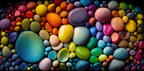 Spectrum of colorful rock or pebbles. wide format. Generative AI.
