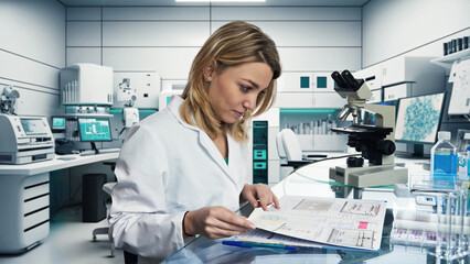 Caucasian female scientist, biologist, biochemist works in research laboratory.Caucasian worker performs experiments in pharmaceutical or academic research facility.