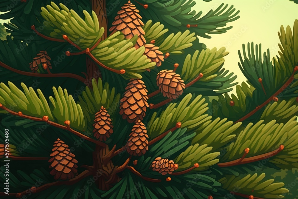 Poster image of a spruce tree with its cones magnified; may be used as a backdrop generative ai