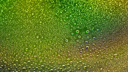 Drops of water. Abstract gradient background. Colored drop texture. Green gradient. Heavily textured image. Shallow depth of field. Selective focus