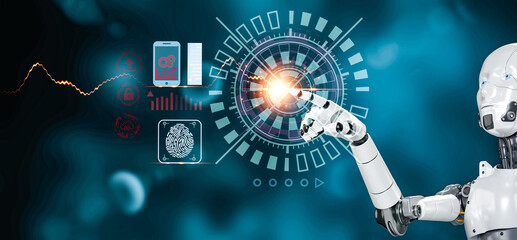 white robot touch abstract line icon concept connect with symbol cloud computing cloud technology storage network and internet service concept and copy space