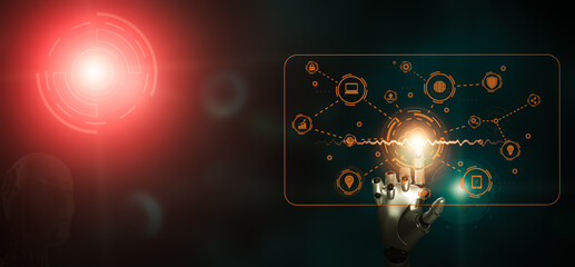 Robot touching icon New world future technology, artificial intelligence (AI) concept for internet network technology and digital software development, metaverse algorithm