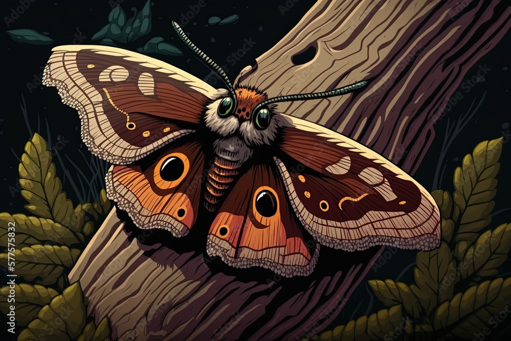 Poster shot of a moth up close on a tree trunk in the woods. generative ai