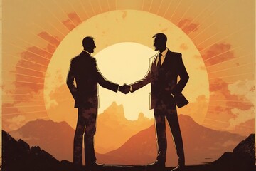 Illustration of men with black suits shaking hands and a sun in the background