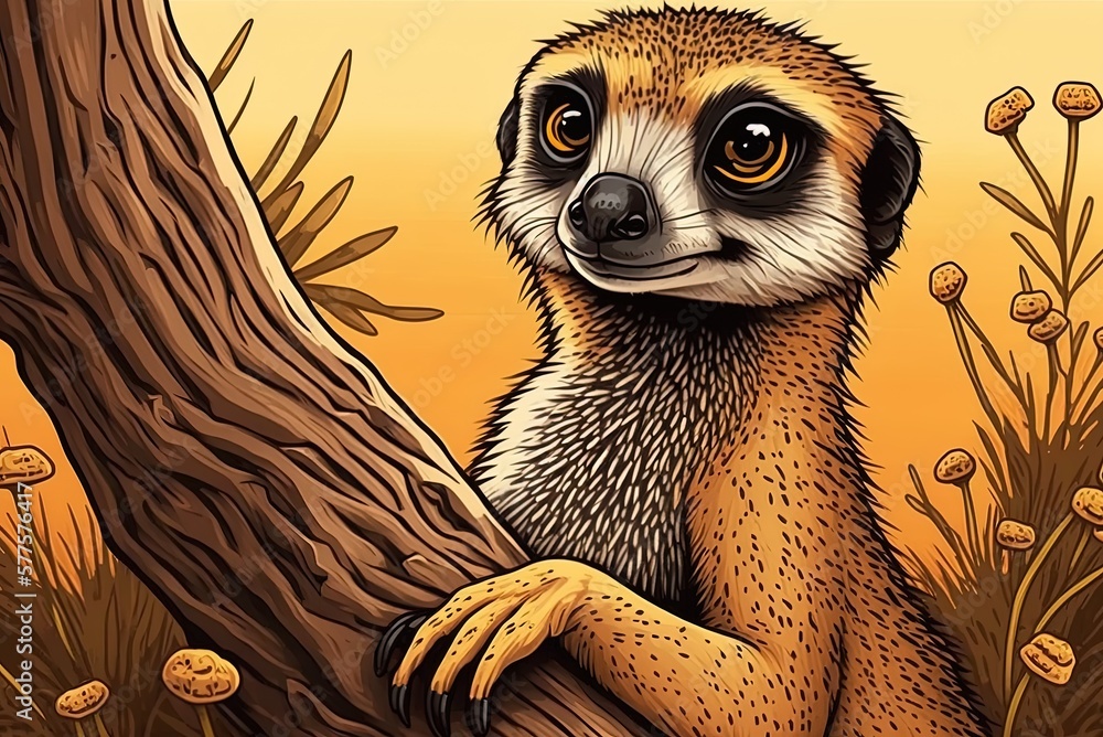 Poster meerkat up up and personal on a tree limb. generative ai