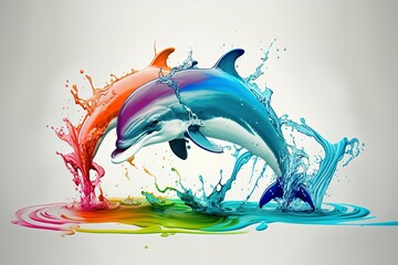 Watch the dance of color as these two dolphins move gracefully in a vibrant pool. A stunningly beautiful and colorful image, perfect for any project. GENERATED AI.