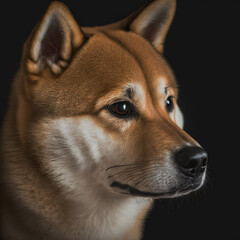 Studio shot with cute shiba inu dog portrait with the curiosity and innocent look as concept of modern happy domestic pet in ravishing hyper realistic detail by Generative AI.
