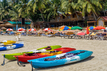 Kayak boats lined up on Palolem beach of South Goa, India.