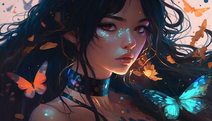 Naklejka premium Colorful Butterfly Wings, An Anime Girl Illustration