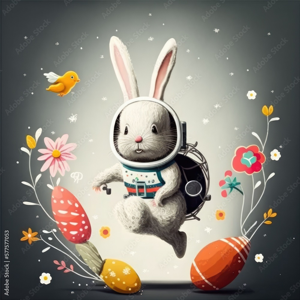 Wall mural an adorable cartoon rabbit wearing a jetpack, greeting card design for eater, fun easter gift for kids, Generative AI