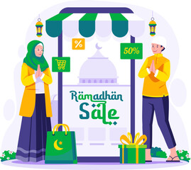 Ramadan Sale and Shopping illustration. Muslim man and a woman near a giant smartphone. Ramadan Kareem and Eid Mubarak E-commerce concept vector illustration