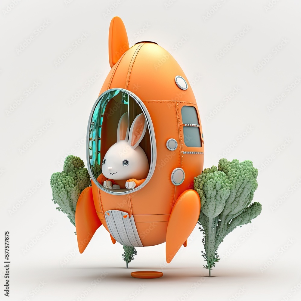 Wall mural Easter bunny in his carrot rocket ship, isolated on white background, holiday celebration chocolate easter eggs, Generative AI