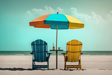 beach chairs and umbrella on the beach, white sane, summer vacation, generative ai 