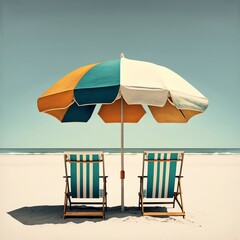beach chairs and umbrella on the beach, white sane, summer vacation, generative ai 