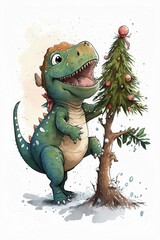 Dinosaur decorating a Christmas tree, happy expression, holiday, generative ai 